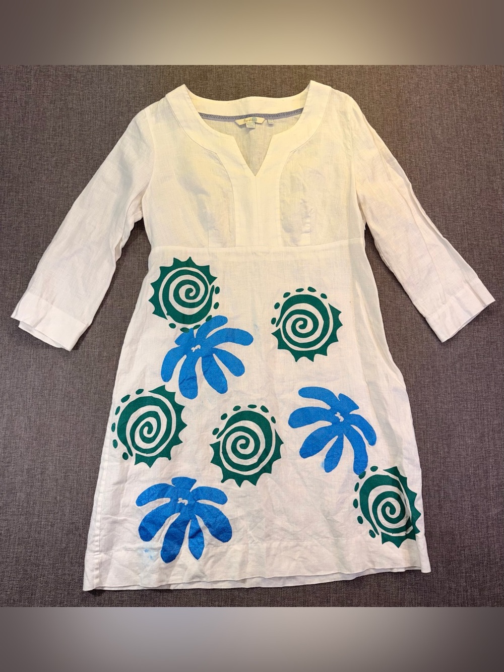 Women’s White 100% Linen Tunic Dress with Blue & Green Prints Size 6